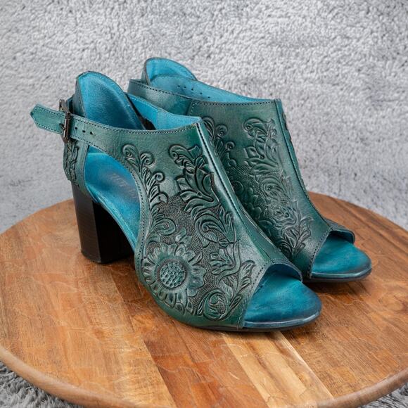 ROPER Womens 8.5 Open Toe Heeled Sandal Floral Tooled Leather Boho Cowgirl Rodeo - Picture 1 of 7